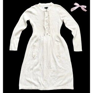 Y2K Dress Sweater Knit Size PM Ivory New Directions Fit Flare Ruffles Tie Soft